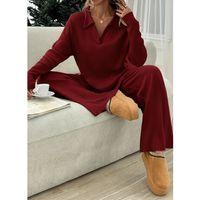 Kadın Uzun Kollu V Yakalı şardonlu Kaşkorse Bluz Ve Pantolon Ikili Takım