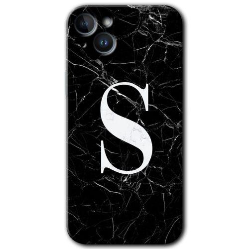 Potkal Hediye Fabrikası iPhone 14 Plus Kılıf HD Desen Baskılı Arka Kapak - Siyah Mermer Desenli S Harfi