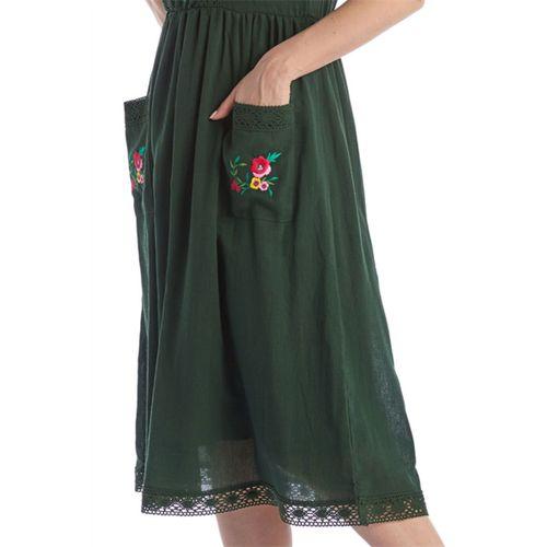 Kısa Kol Yeşil Şile Bezi Midi Boy Yazlık Elbise