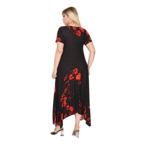 Melsay Butik Kırmızı Puanlı Gelincik Desen Asimetrik Kısa Kollu Elbise