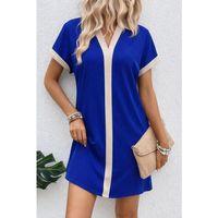 Kadın Kısa Kollu V Yakalı Onden şerit Detaylı Yakalı Kısa Janjan Krep Elbise