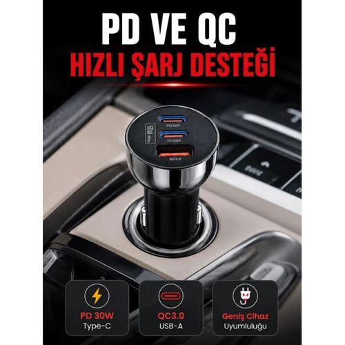 3 Portlu Araç İçi Şarj Adaptörü Çift Pd Type-c Ve Qc3.0 Usb Çıkışlı