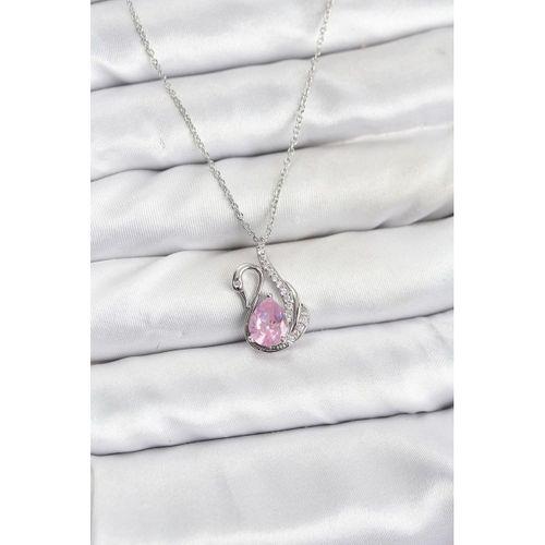 316L Çelik Zincir Gümüş Renk Pembe Kuğu Model Zirkon Taşlı Kadın Kolye