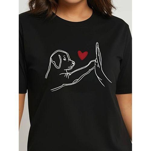 Kadın Kısa Kollu Bisiklet Yaka Köpek Baskılı Viskon Bluz