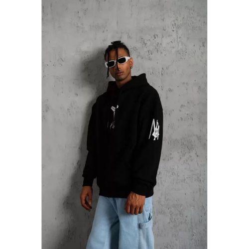 Unisex Sırt Baskılı Kapüşonlu Üç İplik Oversize Sweatshirt - Siyah