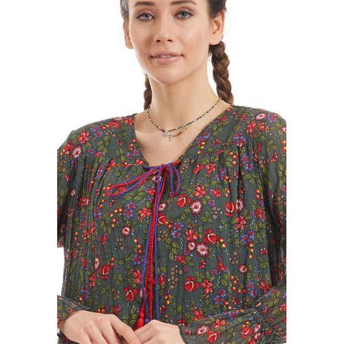 Şile Bezi Yeşil Uzun Kol Vual Çiçek Desenli Elbise