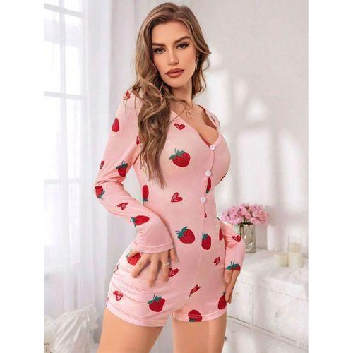 Kadın Pembe Çilek Desenli Pijama Tulumu Yumuşak Rahat Ev Giyimi Şık Özel Tasarım