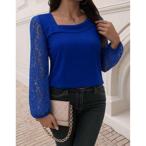 Kadın Uzun Kollu Asimetrik Yakalı Dantelli Ithal Krep Bluz