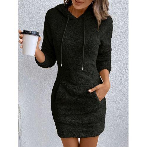 Kadın Uzun Kollu Kapşonlu Cepli Mini Peluş Elbise