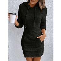 Kadın Uzun Kollu Kapşonlu Cepli Mini Peluş Elbise