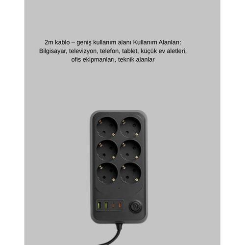 Termal Akım Korumalı 6’lı Uzatma Priz Usb Type-c Hızlı Şarj 2500w