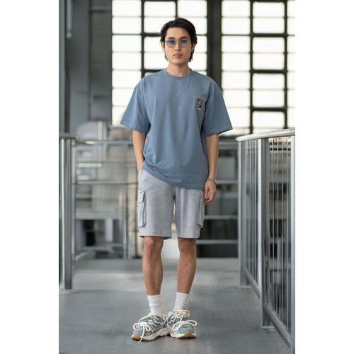Cep Baskılı İki İplik Kumaş Pamuklu Oversize Erkek T-Shirt - Soğuk Mavi