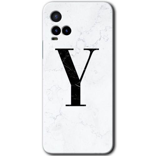 Vivo Y21 Kılıf HD Desen Baskılı Arka Kapak+Temperli Cam - Beyaz Mermer Desenli Y Harfi