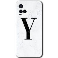 Vivo Y21 Kılıf HD Desen Baskılı Arka Kapak+Temperli Cam - Beyaz Mermer Desenli Y Harfi