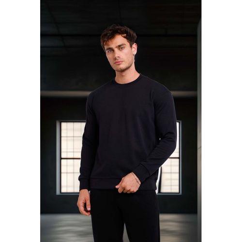 Wenders Relax Fit Basic Fırçalı Interlok Bisiklet Yaka Erkek Sweatshirt - Siyah