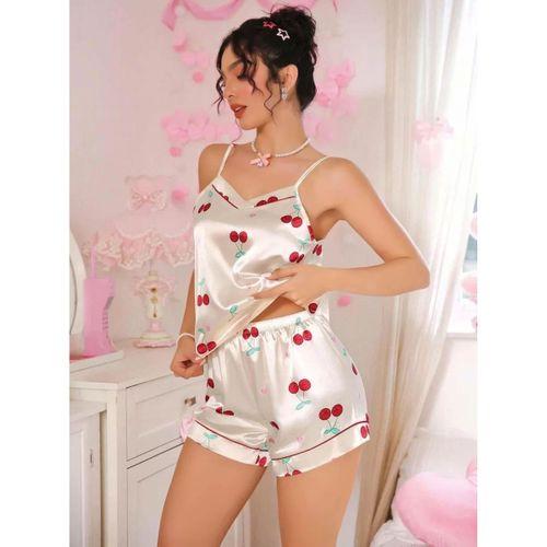Kadın Ekru Kiraz Desenli Saten Şort Pijama Takımı 2226