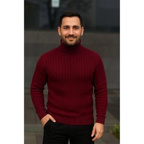 Erkek Balıkcı Yaka Bağazlı Triko Kazak Pamuklu Kalın Fitilli Dokuma, Regular Fit Uzun Kollu Kışlık Model - Bordo
