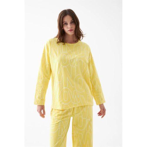 Kadın Oversize Sarı Desenli Pamuklu Kalın Pijama Takımı