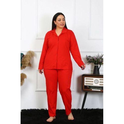 Kadın Büyük Beden Pamuklu Cepli Düğmeli Kırmızı Pijama Takım