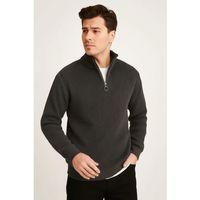 Erkek Yarım Fermuarlı Triko Kazak – Selanik Örgü, Dik Yaka, Pamuklu Dokuma, Regular Fit Uzun Kollu Kışlık Model - Füme