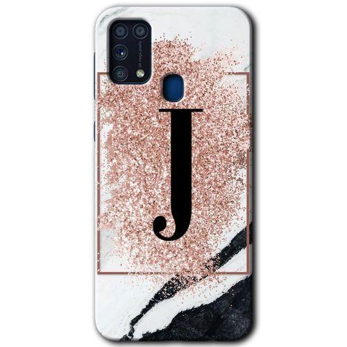 Samsung Galaxy M31 Kılıf Baskılı Kapak - Pembe Mermer Desenli J Harfi +Tam Ekran Koruyucu