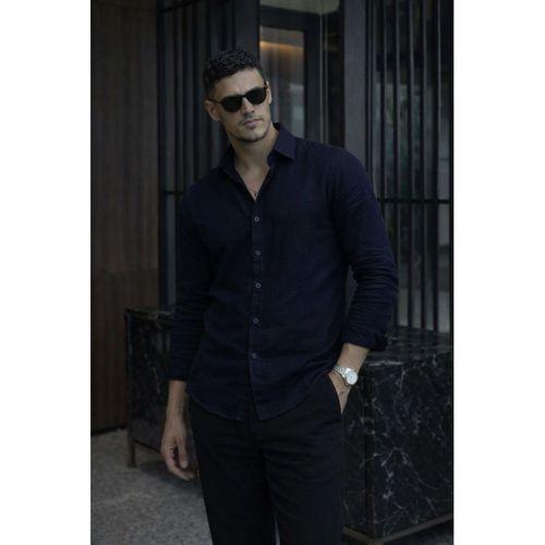 Nefes Alabilir Yarım Oversize Müslin Kumaş Uzun Kol Yakalı Erkek Gömlek - Lacivert