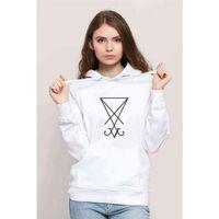 Lucifer Sigil Baskılı Beyaz Kadın Kapşonlu Sweatshirt