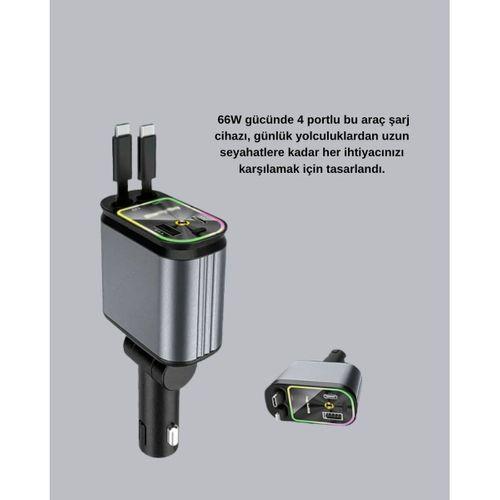 Araç Şarj Cihazı 4 Portlu 66w Hızlı Şarjlı Led Işıklı Ve 180° Dönebilir