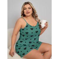 Büyük Beden Yeşil Kalp Desen Pamuklu Şortlu Pijama Takımı