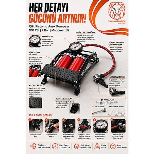 Çift Pistonlu Ayak Pompası 100 PSI 7 Bar Manometreli Göstergeli Araba Bisiklet Lastik Şişirme Pompası 723603