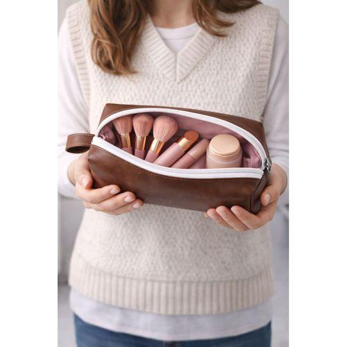 Deri Makyaj Kozmetik Çantası Seyahat Tipi Çanta Organizer Kahverengi