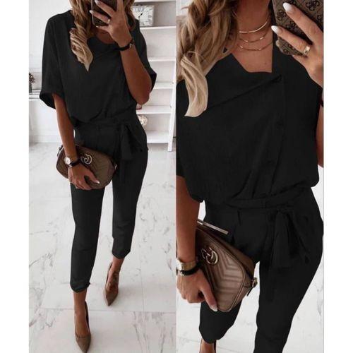 Kadın Kısa Kollu Yakalı önden Düğmeli Bürümcük Bluz Ve Pantolon Ikili Takım