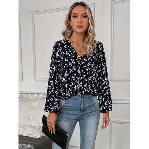 Kadın Uzun Kollu V Yakalı çiçek Desenli Modal Bluz