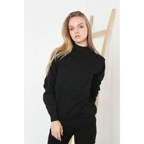 Yarım Boğaz Triko Kazak Yumuşak Dokulu Pamuklu Ince Dokuma, Uzun Kollu Rahat Regular Kalıp - Siyah