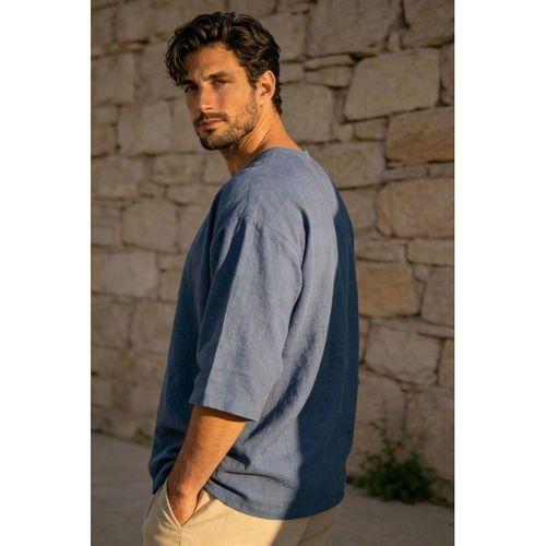 Castiel Bisiklet Yaka Fakir Kol Oversize Kısa Kol T-shirt - Mavi