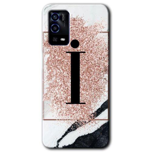 OPPO Oppo A55 Kılıf HD Desen Baskılı Arka Kapak + Temperli Cam - Pembe Mermer Desenli İ Harfi
