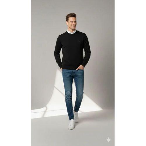 Erkek Bisiklet Yaka Nakış Işlemeli Triko Kazak Yumuşak Dokulu Pamuklu Ince Dokuma, Uzun Kollu Rahat Regular Kalıp - Siyah