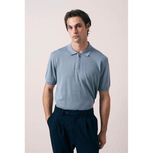 Linus Fermuarlı Polo Yaka Kısa Kollu İnce Triko Erkek T-Shirt - Soğuk Mavi