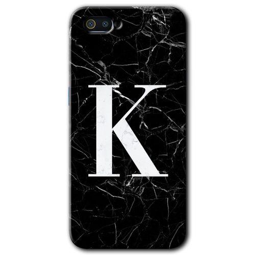 Realme C2 HD Baskılı Kılıf + 9D Tam Ekran Koruyucu - Siyah Mermer Desenli K Harfi