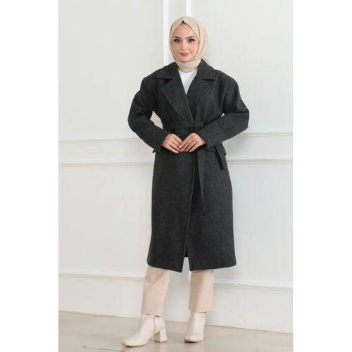 Kaşe Kaban Uzun Boy 115 Cm Kruvaze Yaka Kuşaklı Astarlı Tesettür Kaban Yünlü - Siyah