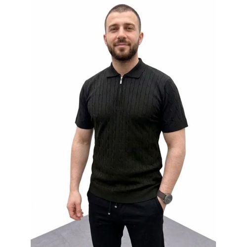 Erkek Yazlık Triko Saç Örgü Tişört Kısa Kol Polo Yaka Fermuarlı T-Shirt - Siyah