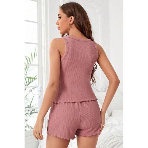 Kadın Tozlu Pembe Kenarları Fırfırlı Şortlu Kaşkorse Gecelik Takımı