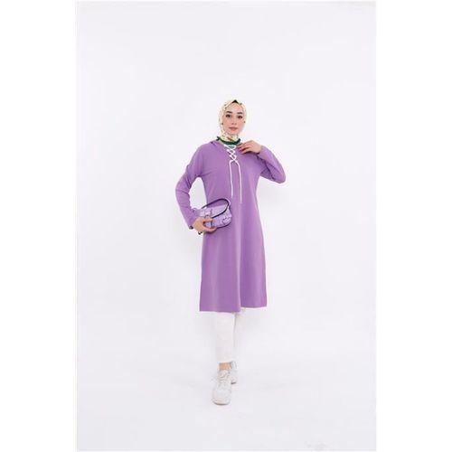 Eflin Yakadan Bağlamalı Kapşonlu Uzun Sweatshirt - 03030.018 - Leylak