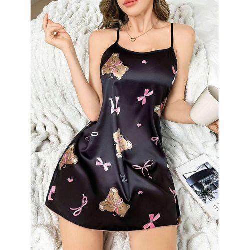 Siyah İnce Askılı Ayıcık Desenli Saten Mini Gecelik