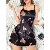 Siyah İnce Askılı Ayıcık Desenli Saten Mini Gecelik