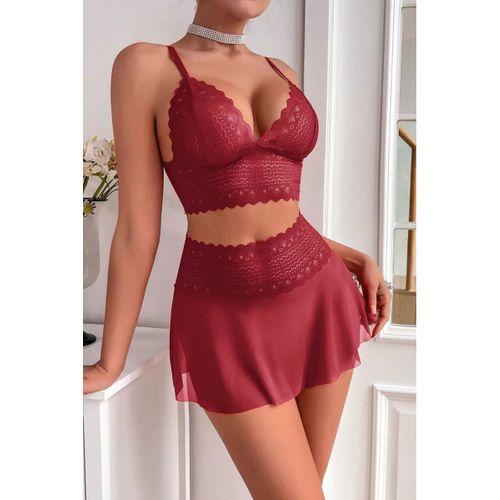 Kadın Bordo Dantel Ve Tül Detaylı Etekli Şık Gecelik Takımı