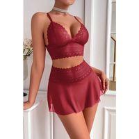 Kadın Bordo Dantel Ve Tül Detaylı Etekli Şık Gecelik Takımı