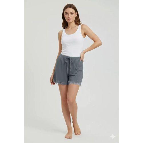 Bambu Fitilli Kadın Ev Şortu Bacak Dantel Detaylı Ev Giyim Gri