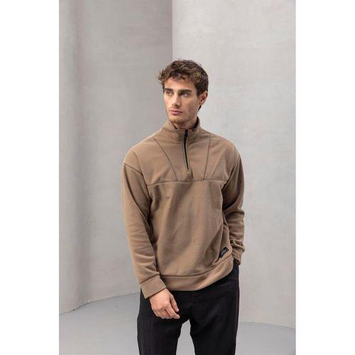 Crowe Çizgi Şeritli Oversize Yarım Fermuar Polar Erkek Sweatshirt - Bej