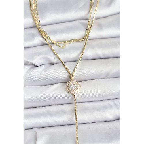 Pirinç Gold Renk Zirkon Taşlı Papatya Model Detaylı 3'lü Kombin Y Kadın Kolye